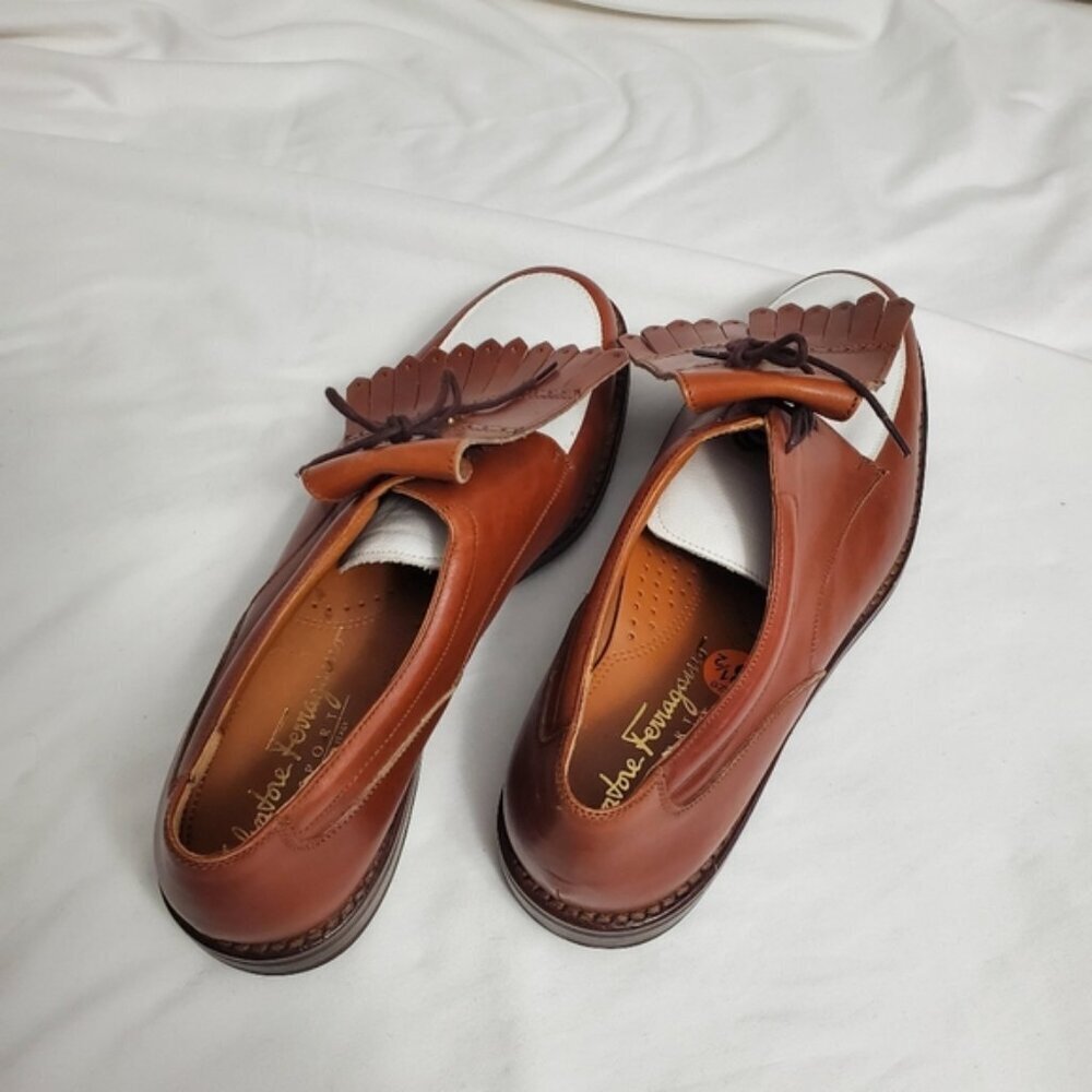 Salvatore Ferragamo SPORT Vintage Leather Kiltie Golf Shoes - Tan & White - Picture 5 of 12